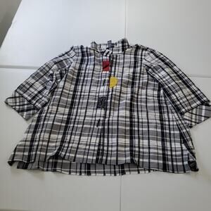 Ali Miles Shirt Womens 2X Plaid Mixed Media Tunic Black White Patchwork Artsy